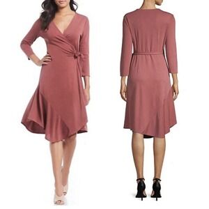 H Halston Wrap Dress V-Neck Midi Stretch Mauve Pink Classic Work Wear sz M